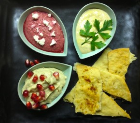 lavash crackers with various dips
